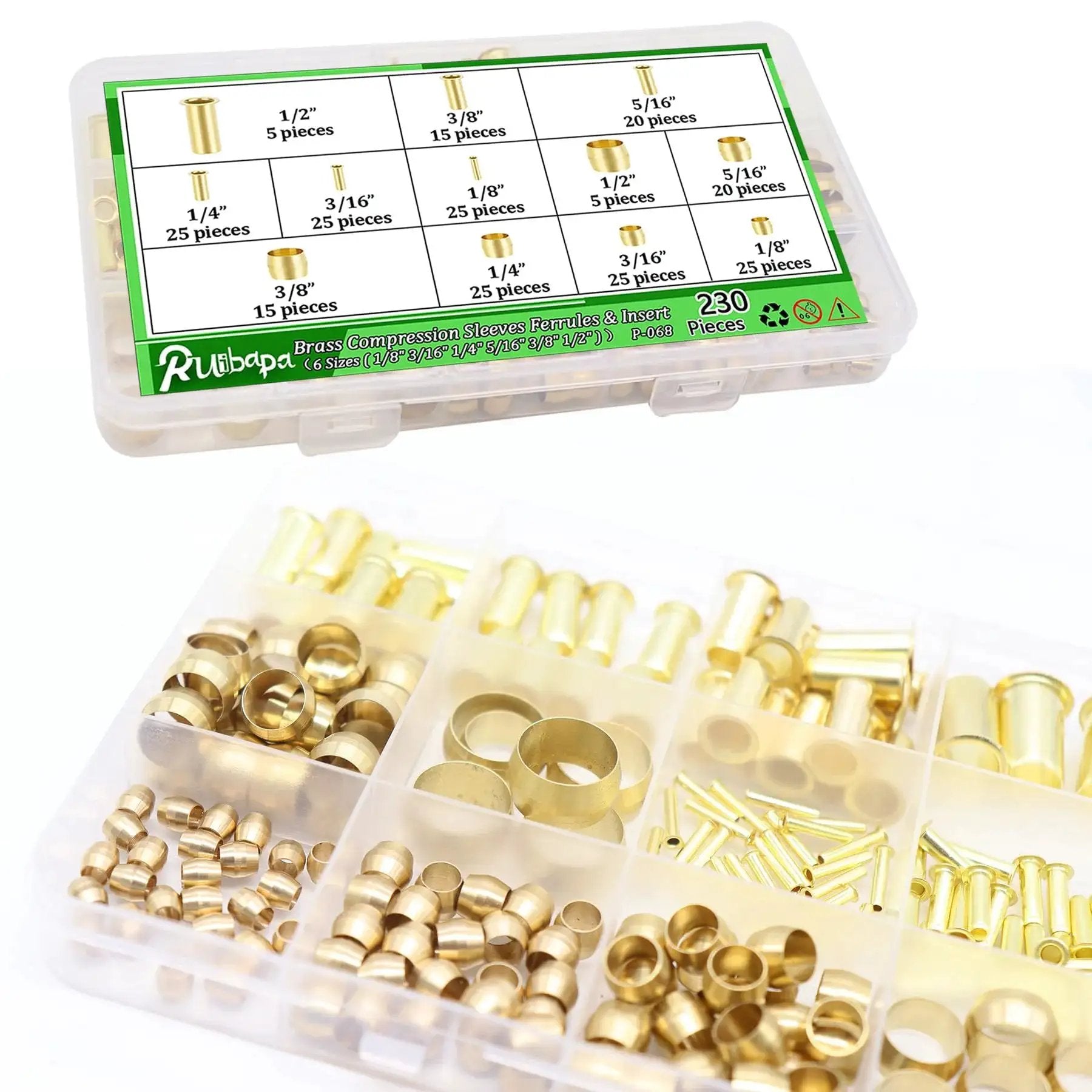 Brass Compression Fittings Kit 230 Pieces With Sleeves Ferrules And Inserts In One Eighth To One Half Inch Six Sizes For DOT Lines