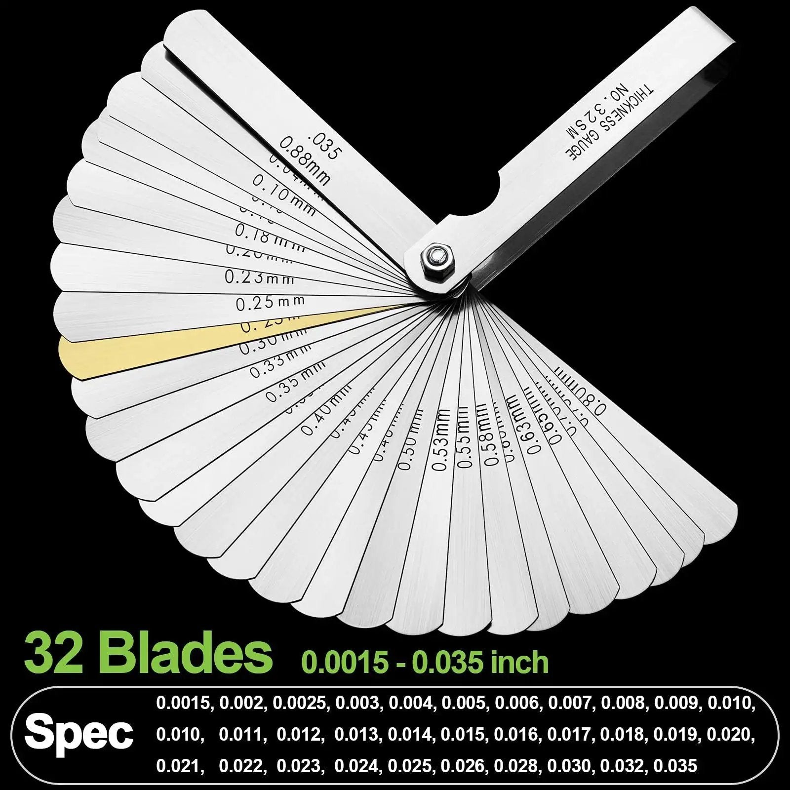 32 Blade Feeler Gauge Set For Precision Gap Measurement In Guitars, Spark Plugs, And Pistons, SAE And Metric Readouts