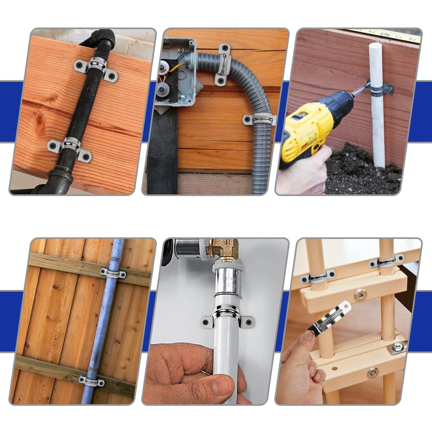 Collage of 30Pcs 1 Inch Stainless Steel Conduit Clamps With 2 Hole U Bracket Straps Tension Clips in various installations.