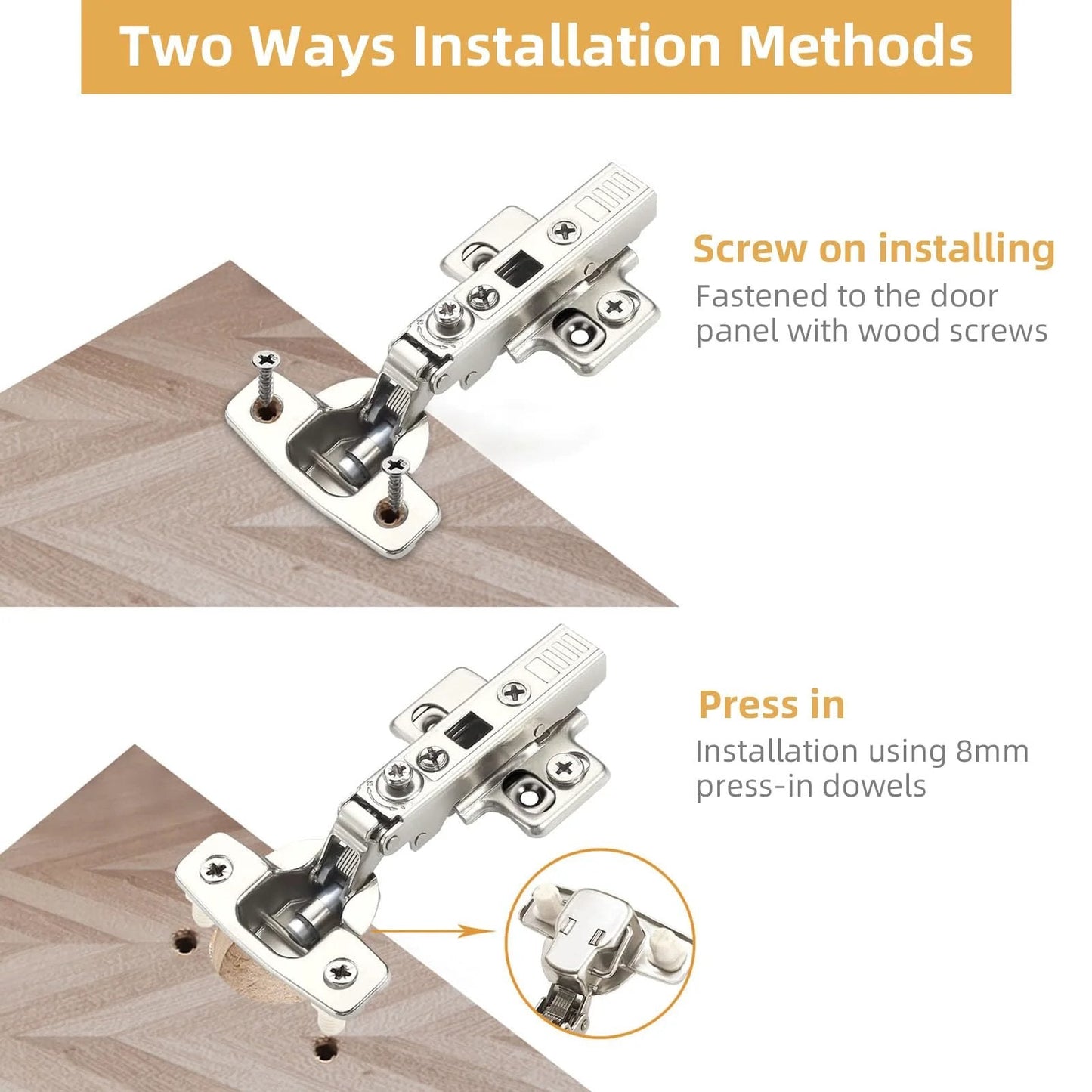 10 Pack Frameless Full Overlay Soft Close Cabinet Hinges With 4D Adjustment And Speed Control For A No Gap Fit Clip On European Stainless Steel Kitchen Hardware Open From 45 To 110 Degree showing two installation methods on wooden panels.