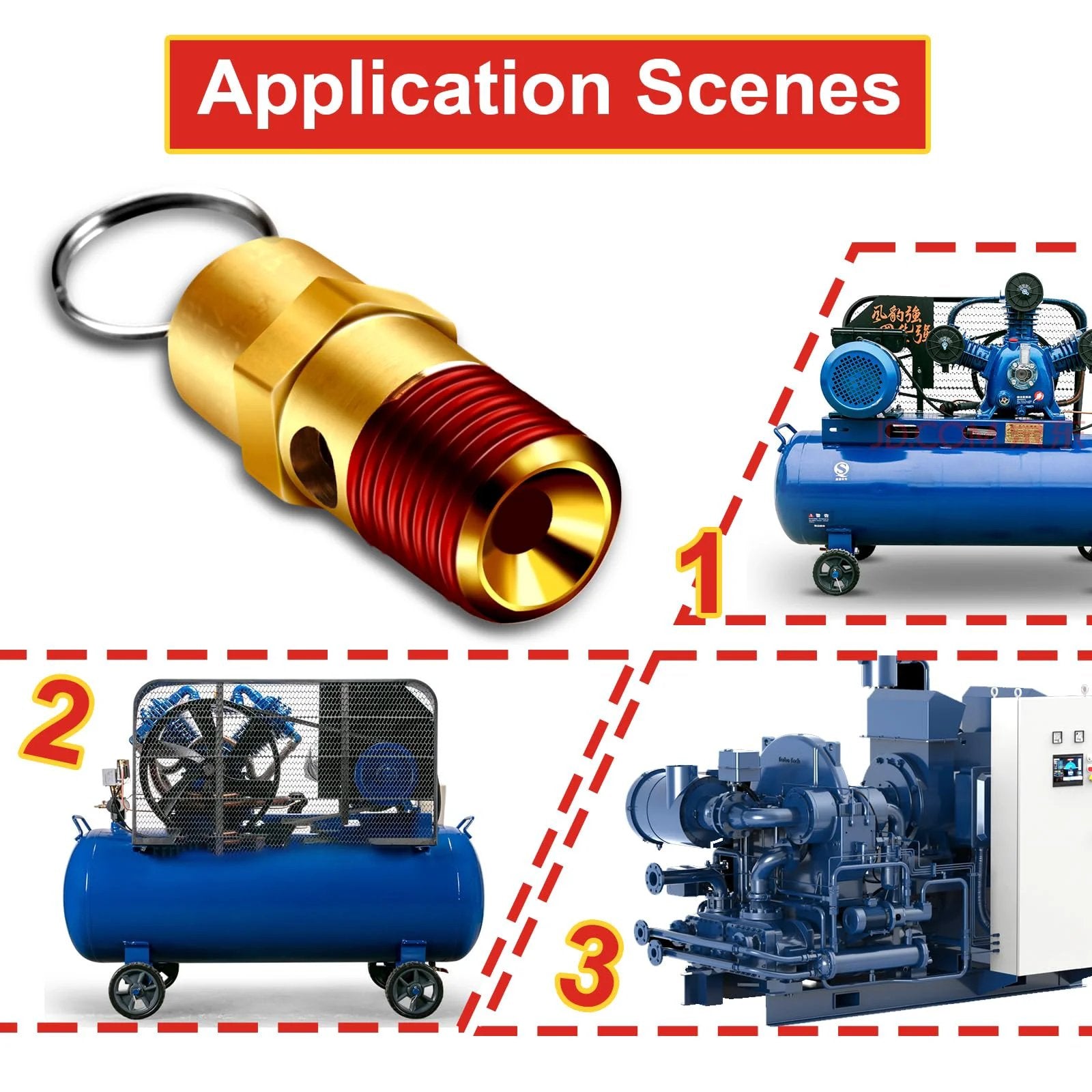 Brass One Quarter Inch NPT Pressure Relief Valve for Air Compressors, 175 PSI, dual pack shown with pneumatic systems application.