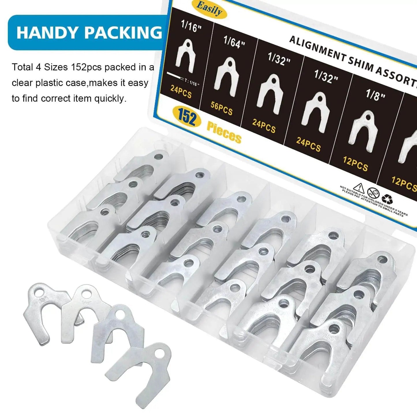 Clear box of 152 Piece Auto Alignment Shims Kit For Car Body And Suspension Adjustment With Zinc Plated Spacers In 1/64 1/32 1/16 And 1/8 Inch Sets For Camber And Caster Tuning Rust Resistant And Durable.