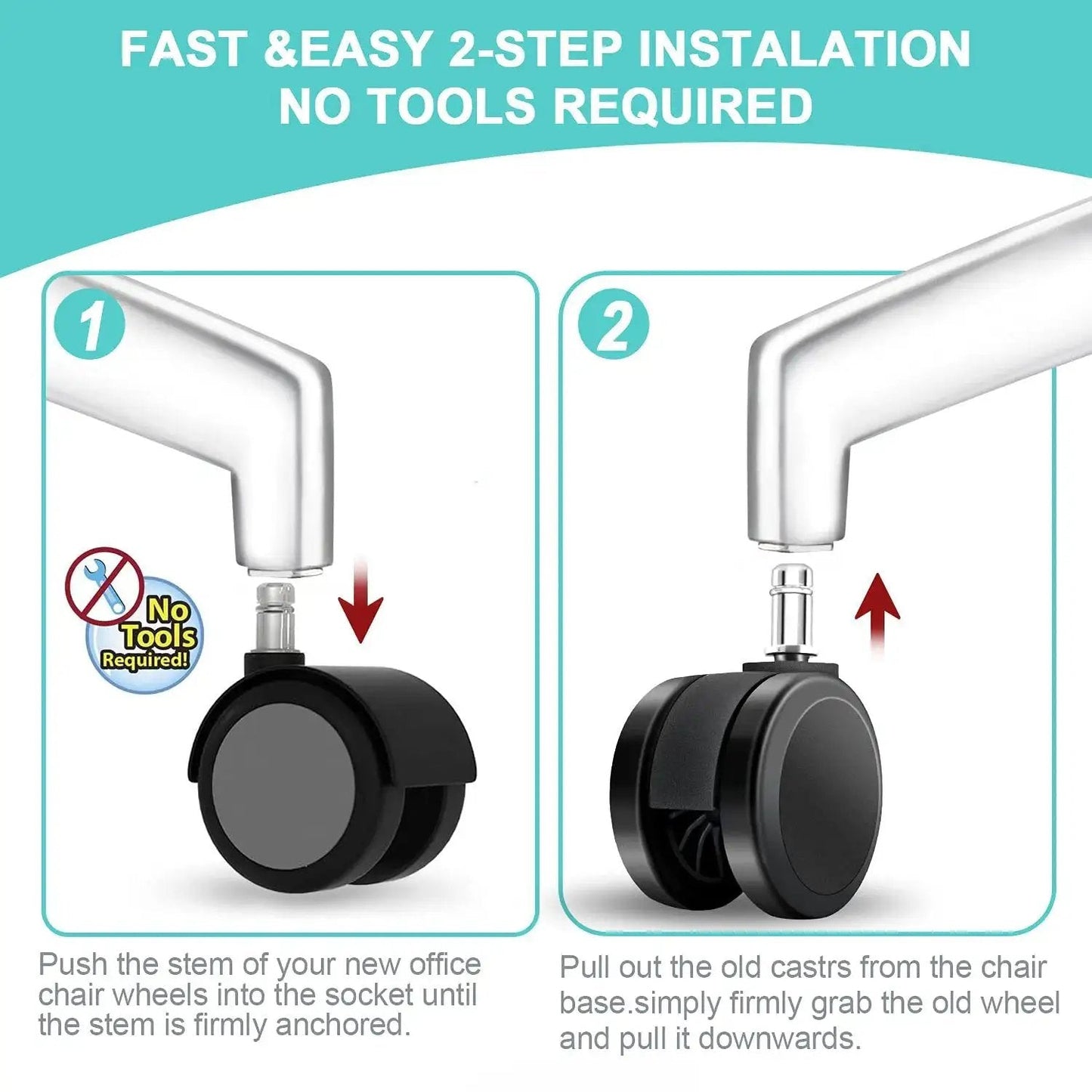 Installation steps for Replacement Office Chair Wheels Set with Smooth Gliding Caster Wheels for Hardwood Floors, no tools required.