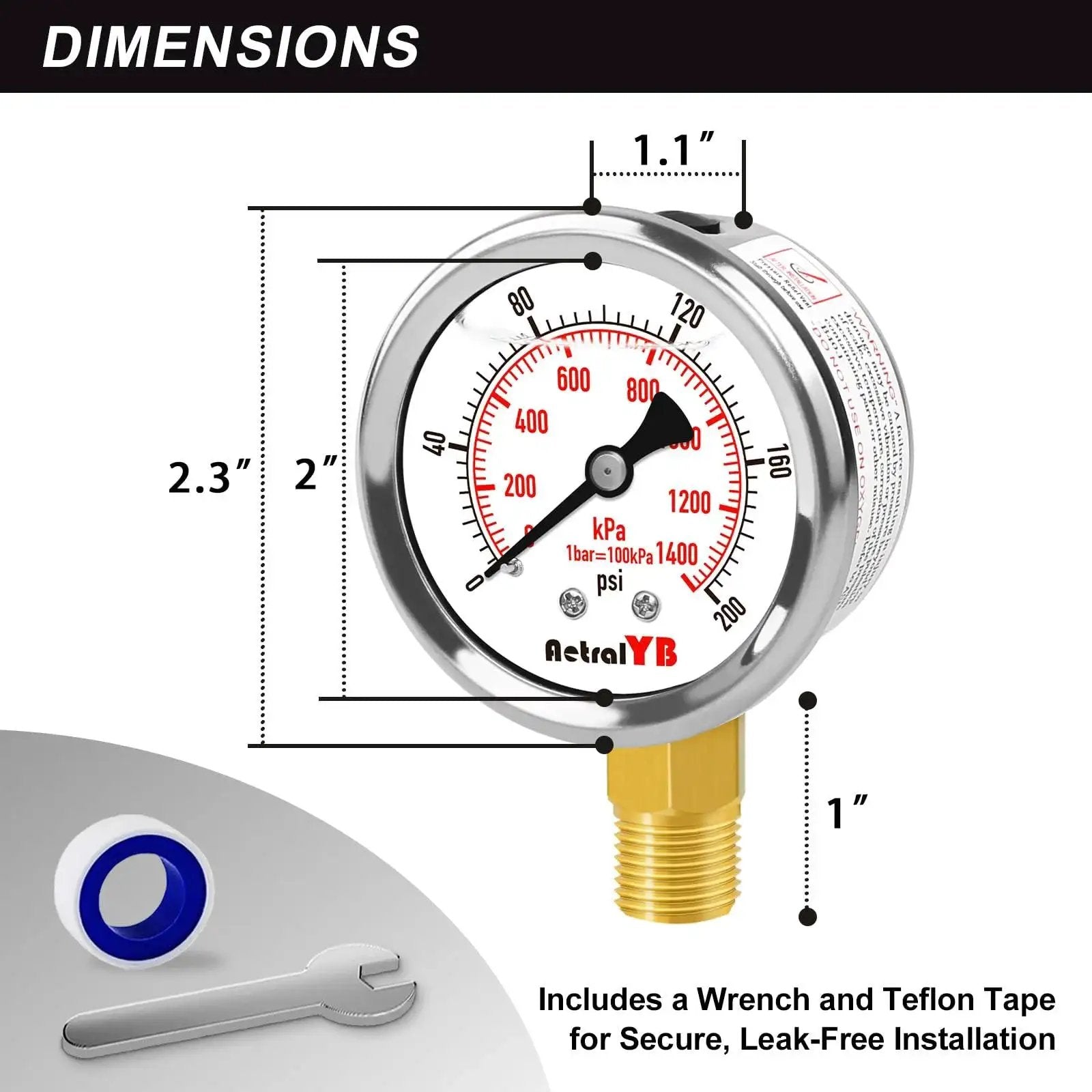 Dimensions of Heavy Duty Water Pressure Gauge 0-200 Psi 2 Inch Waterproof Liquid Filled Stainless Steel Lower Mount 1/4 Inch NPT Dual Scale