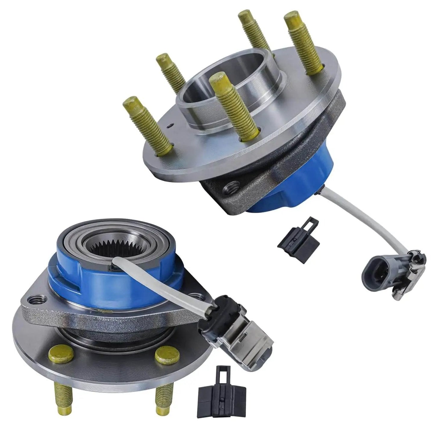 Front Wheel Hub & Bearing Assembly Set (2) for Chevy Impala, Monte Carlo, Uplander, 5-bolt, ABS sensor wire visible