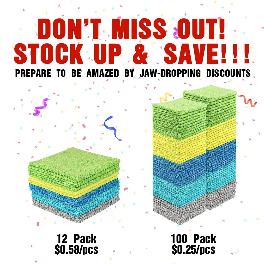 Display of Ultra Absorbent Microfiber Cleaning Cloths 100 Pack Multi Color Towels Lint Free Scratch Free Rags For Home Kitchen And Car Detailing Durable 11.5x11.5 Inch.
