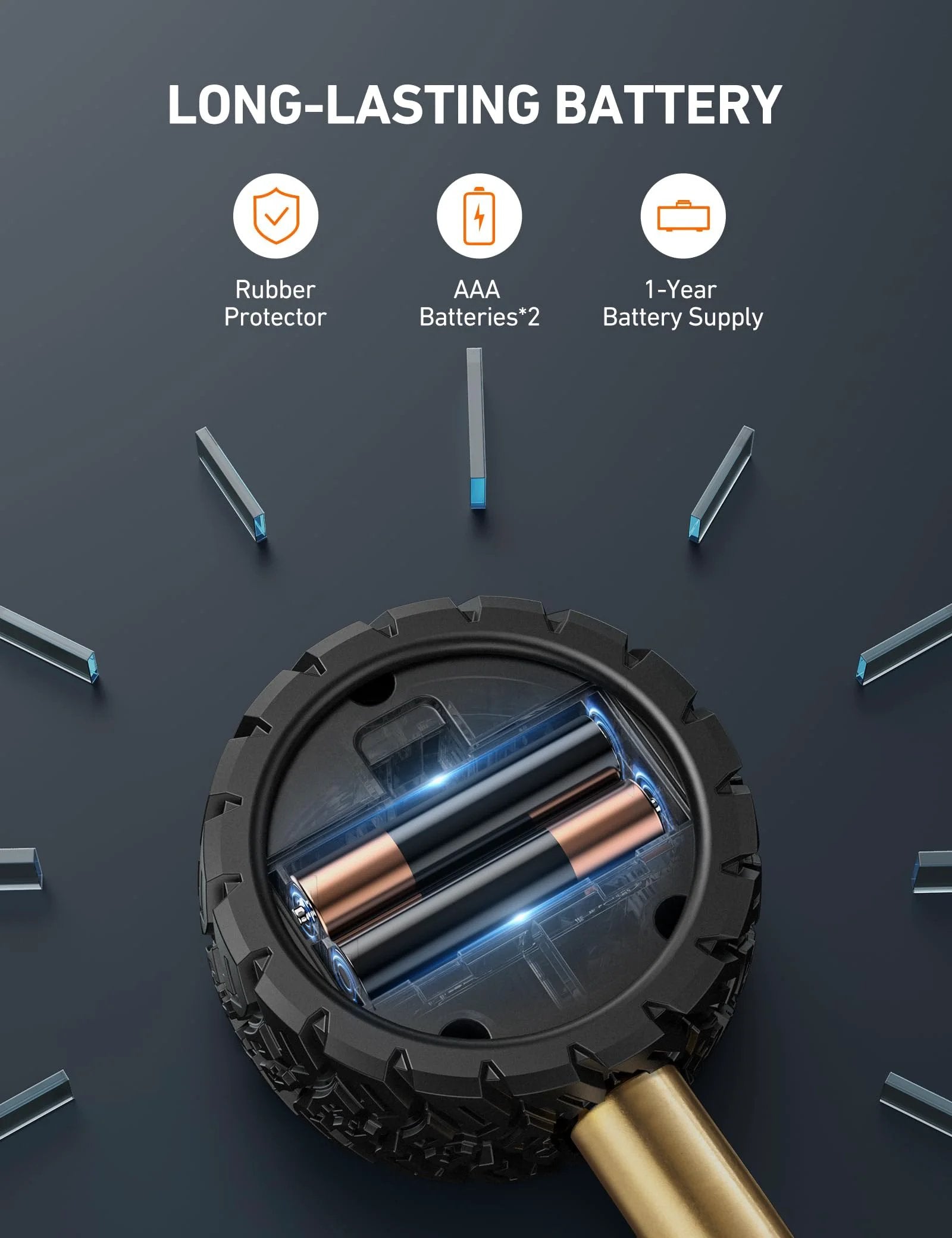 Back view of solid brass tire pressure gauge with backlit LED, open rubber case showing two AAA batteries, automotive tool.
