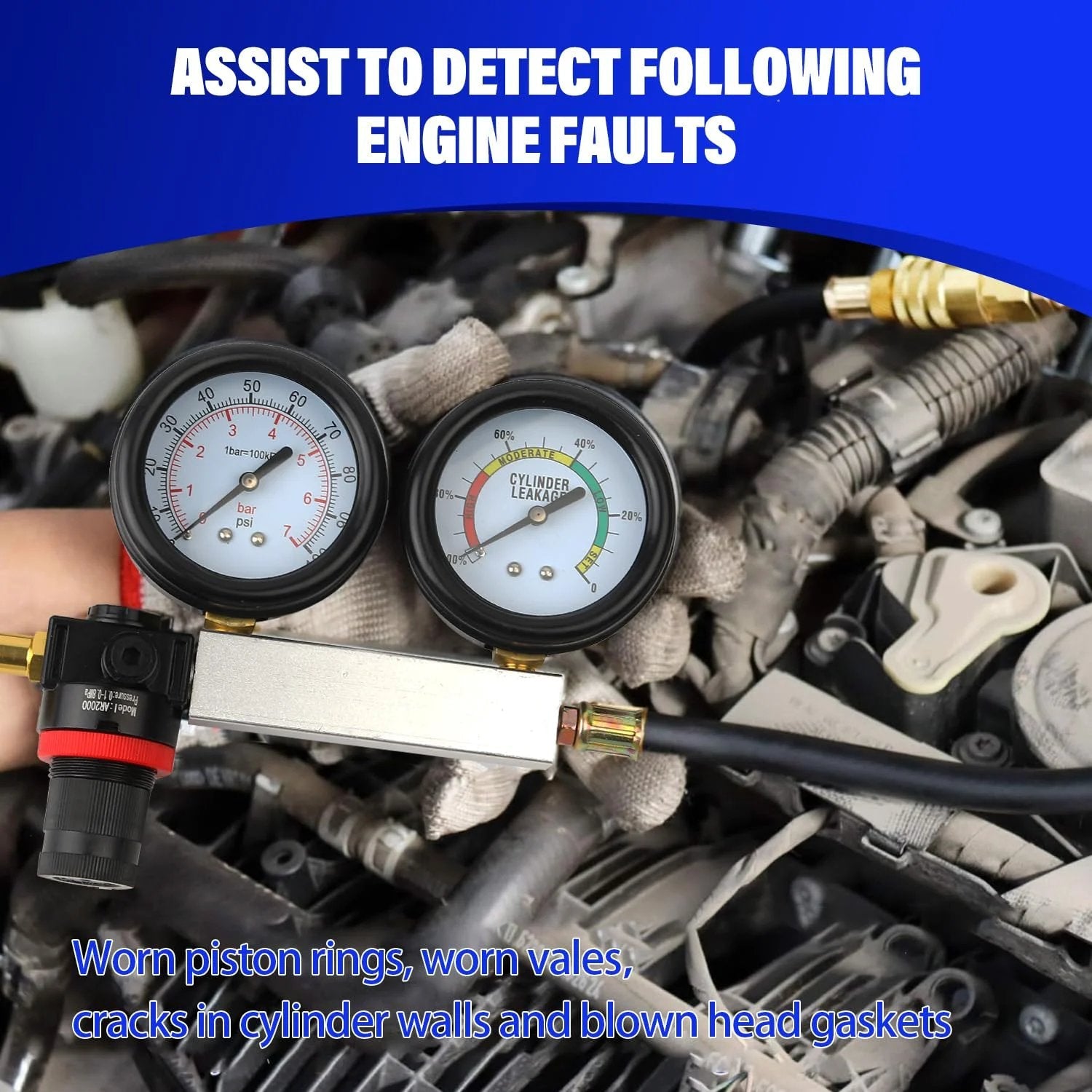 Engine Cylinder Leak Down Tester Kit For Cars, Trucks And Motorcycles, Pro Grade Automotive Compression Leakage Test Tool With Easy Air Compressor Hookup, Blue TU-21 By Gnhydxfe shown in engine testing with dual gauges.