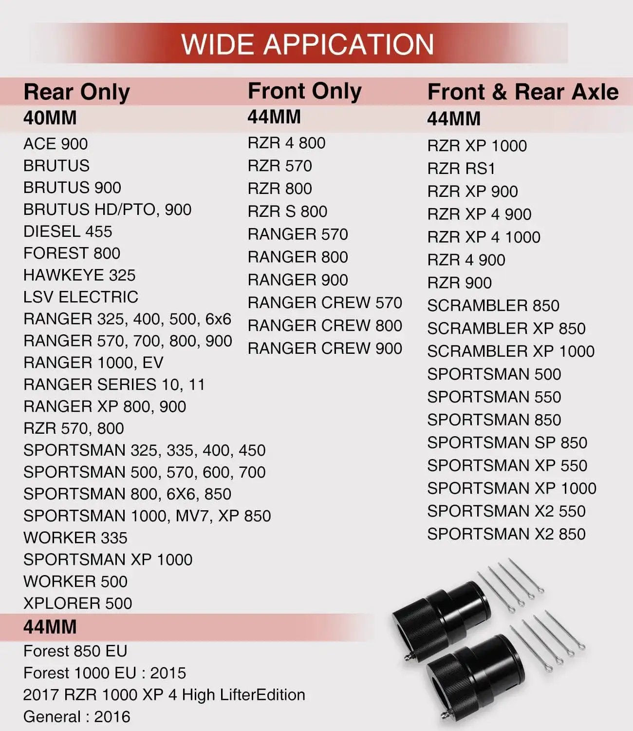Compatibility chart for 40mm And 44mm Front And Rear Wheel Bearing Greaser Tool Kit For ATV UTV SXS Replaces Ranger Sportsman RZR