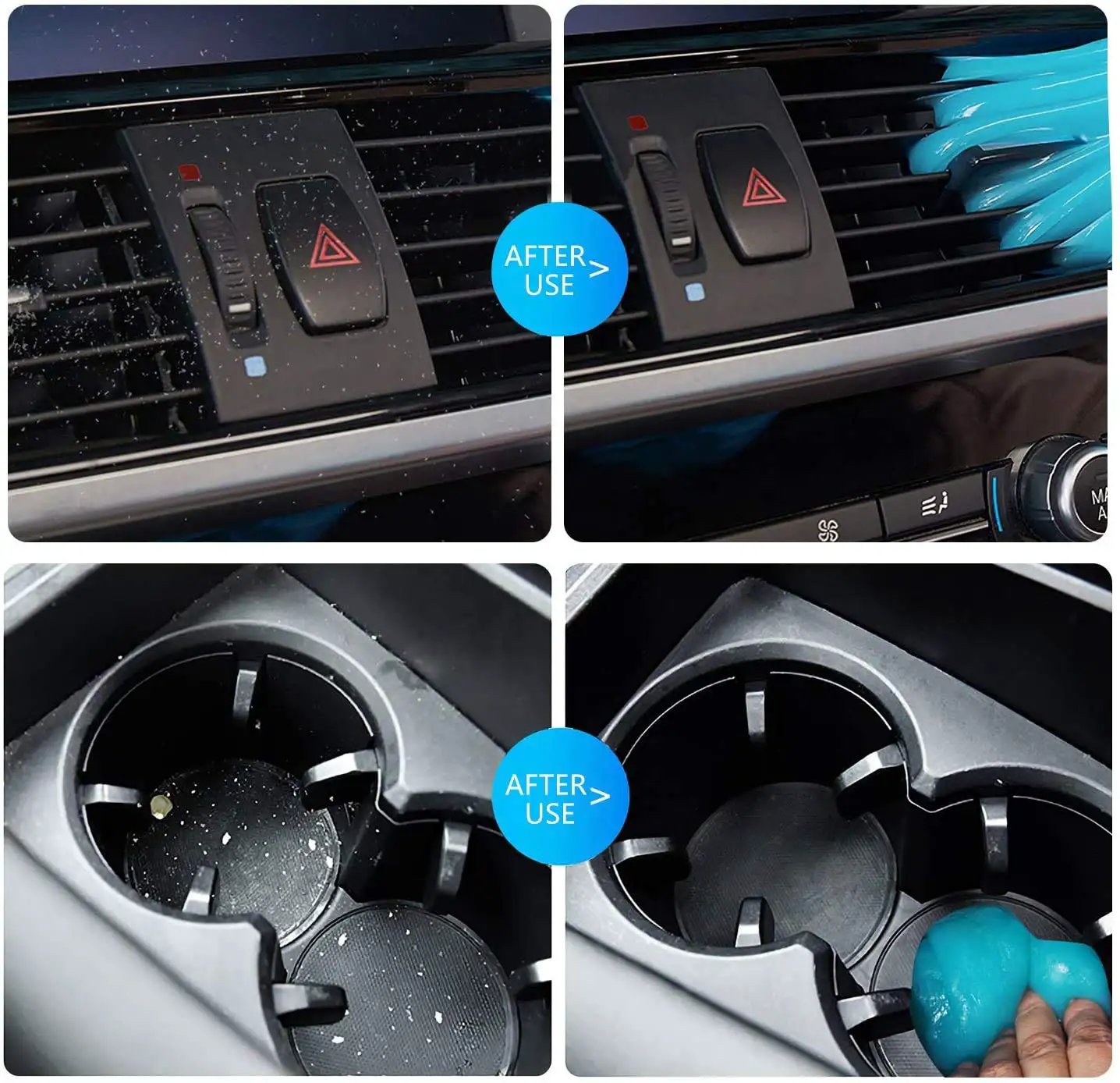 Cleaning Gel For Car Detailing Putty For Vents And Interior Dust Removal Gentle Auto Interior Cleaner Dust Slime For Cars Keyboard Gel Cleaning Putty 1 Pack used on air vents and cup holder, showing effective dust removal.