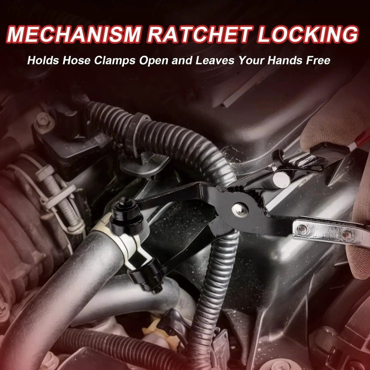 Close-up of mechanic using 16 Piece Hose Clamp Pliers Set With Long Reach For Fuel Oil Coolant Hoses on engine clamp