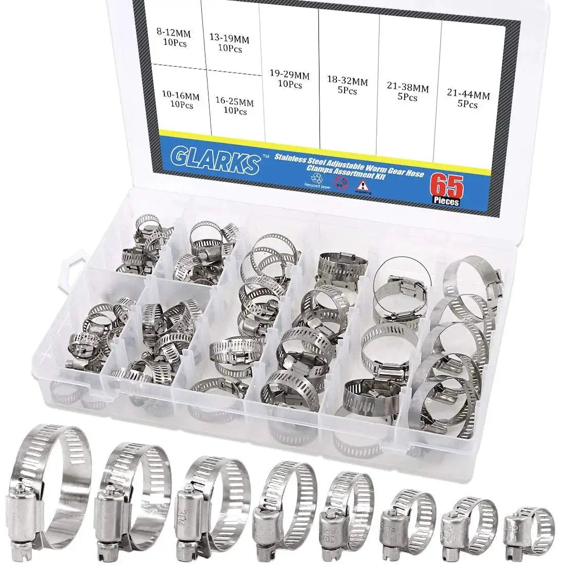 Versatile 65 Piece Set 304 Stainless Steel Adjustable 8 To 44mm Worm Gear Hose Clamp Set With Storage Box for Plumbing Projects
