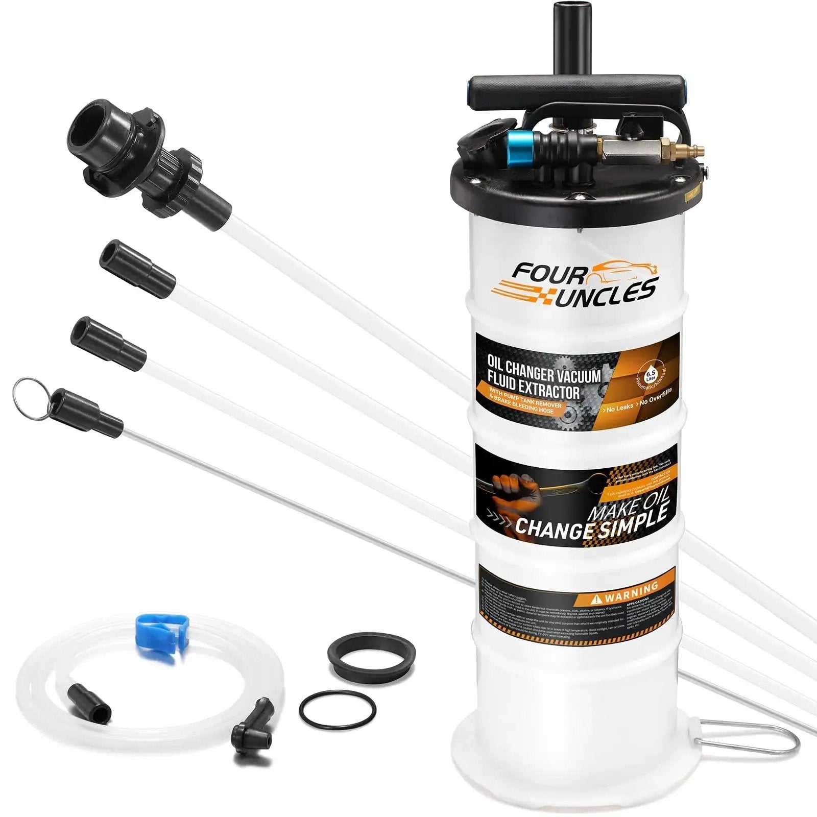 Dual Mode Oil Extractor 6.5L For Oil Change With 4 Tubes And Brake Bleed Hose, showing extractor components and tubes