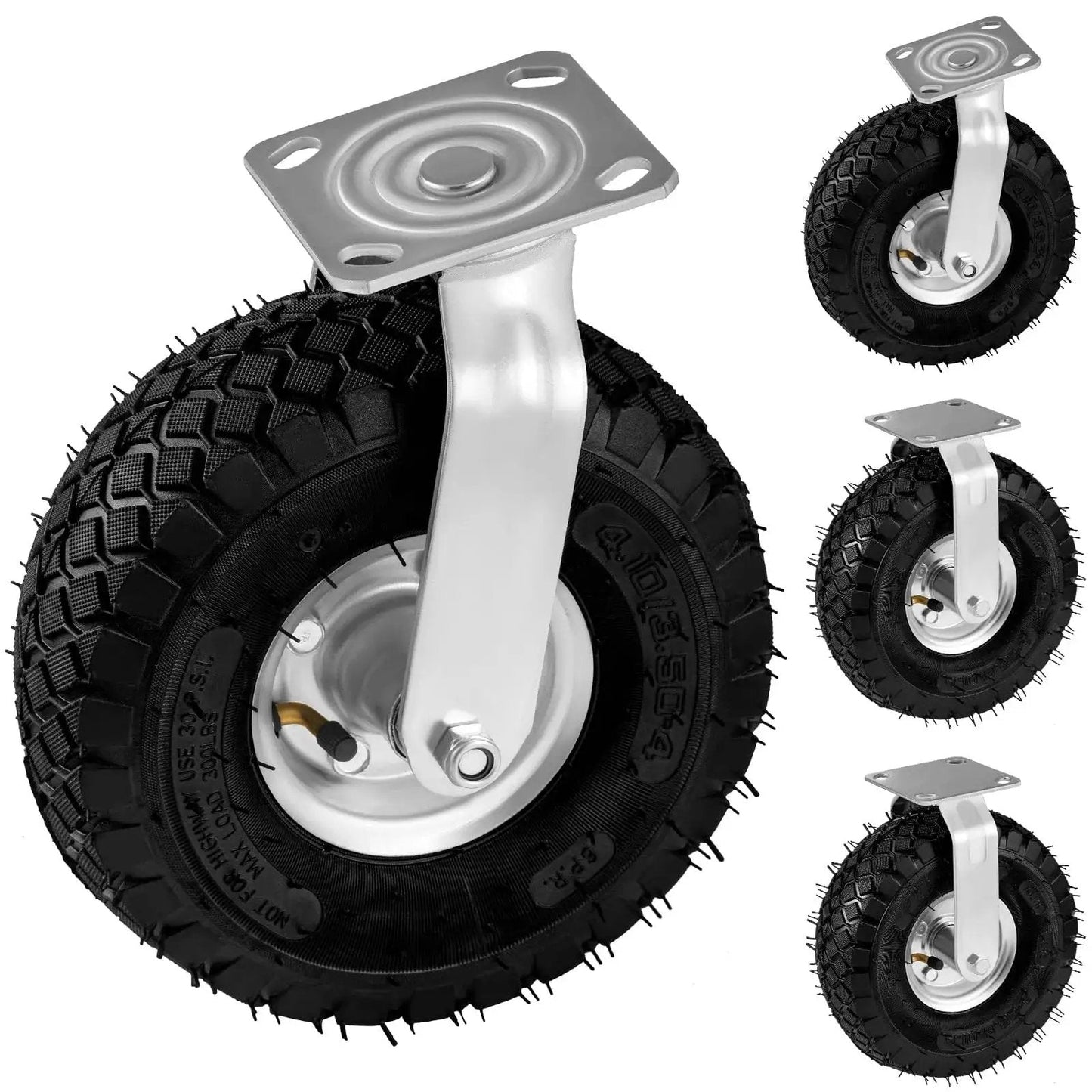 Heavy Duty Pneumatic Casters 10 Inch 4 Pack With 2 Swivel And 2 Rigids, 1200 Lbs Capacity, Rubber Wheel For Workbenches, Carts, Trolleys, Wagons And Shelves.