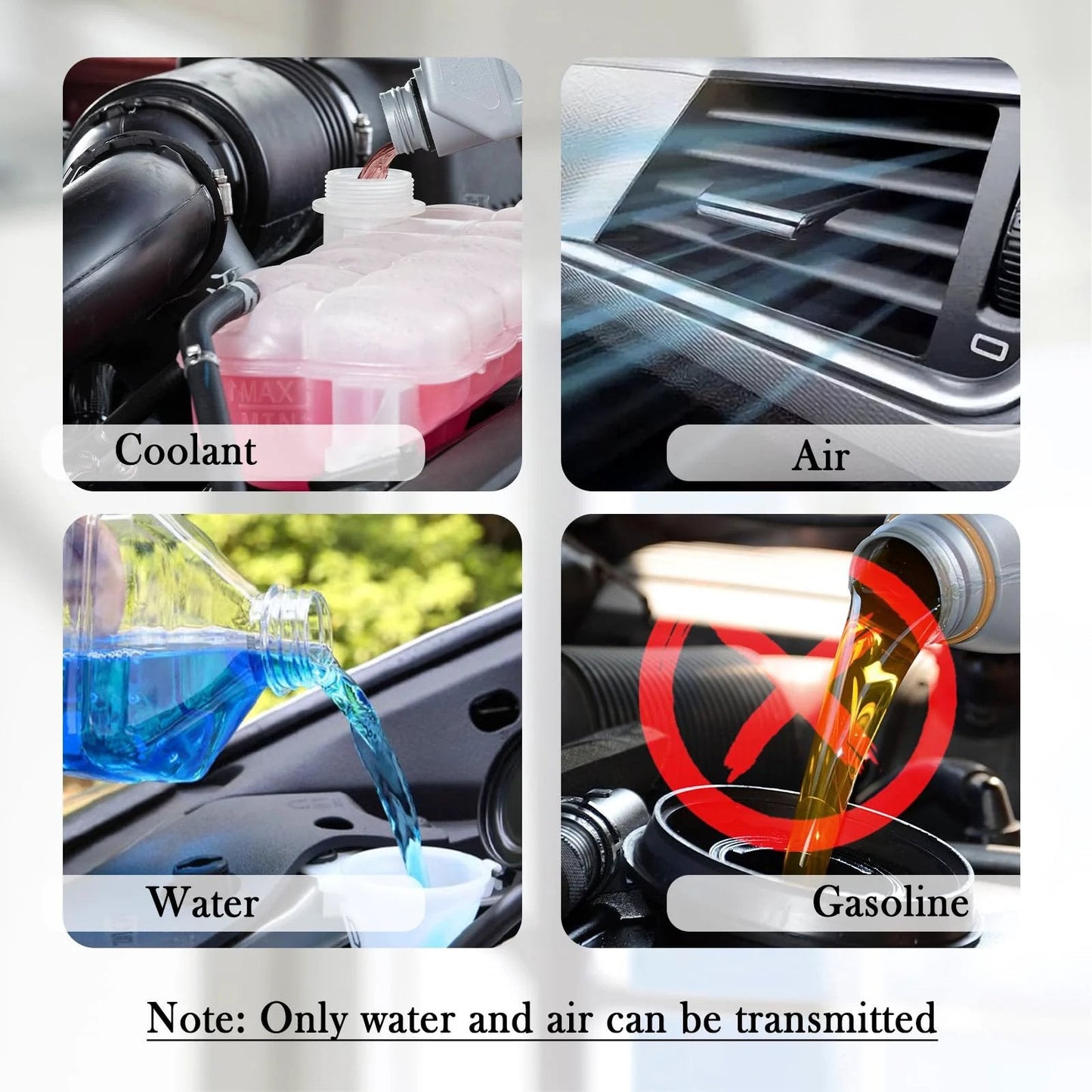 Four panels showing coolant, air, water, and a crossed-out gasoline symbol for Five Eighth Inch Heater Hose For Your Ride.