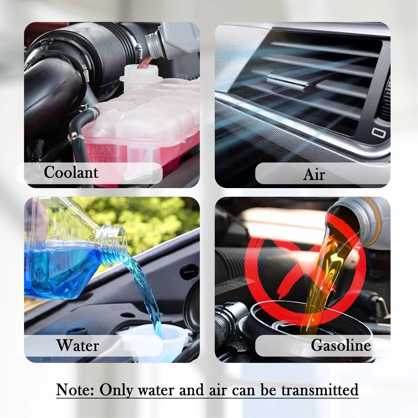 Four panels showing coolant, air, water, and a crossed-out gasoline symbol for Five Eighth Inch Heater Hose For Your Ride.