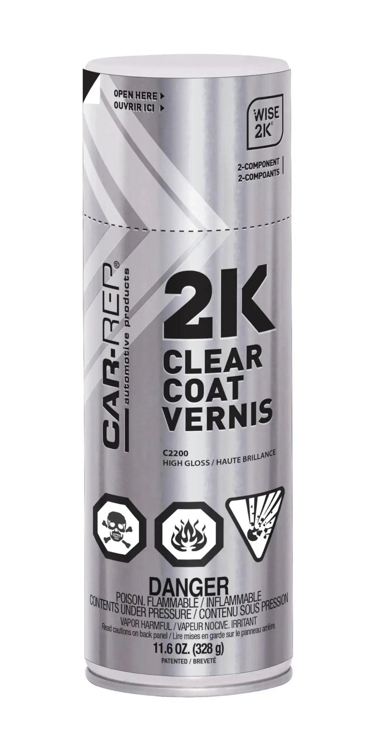 Unlimited Pot Life 2K Polyurethane Clear Coat Aerosol For Automotive High Gloss can, showing front label and warnings.