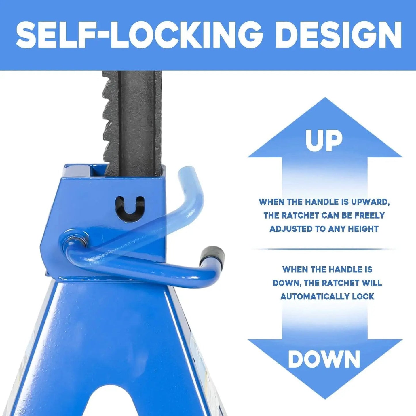 Close-up of 6 Ton Adjustable Jack Stands Heavy Duty Steel Lifting Stand 14.6 To 24 Inches showing self-locking ratchet design.