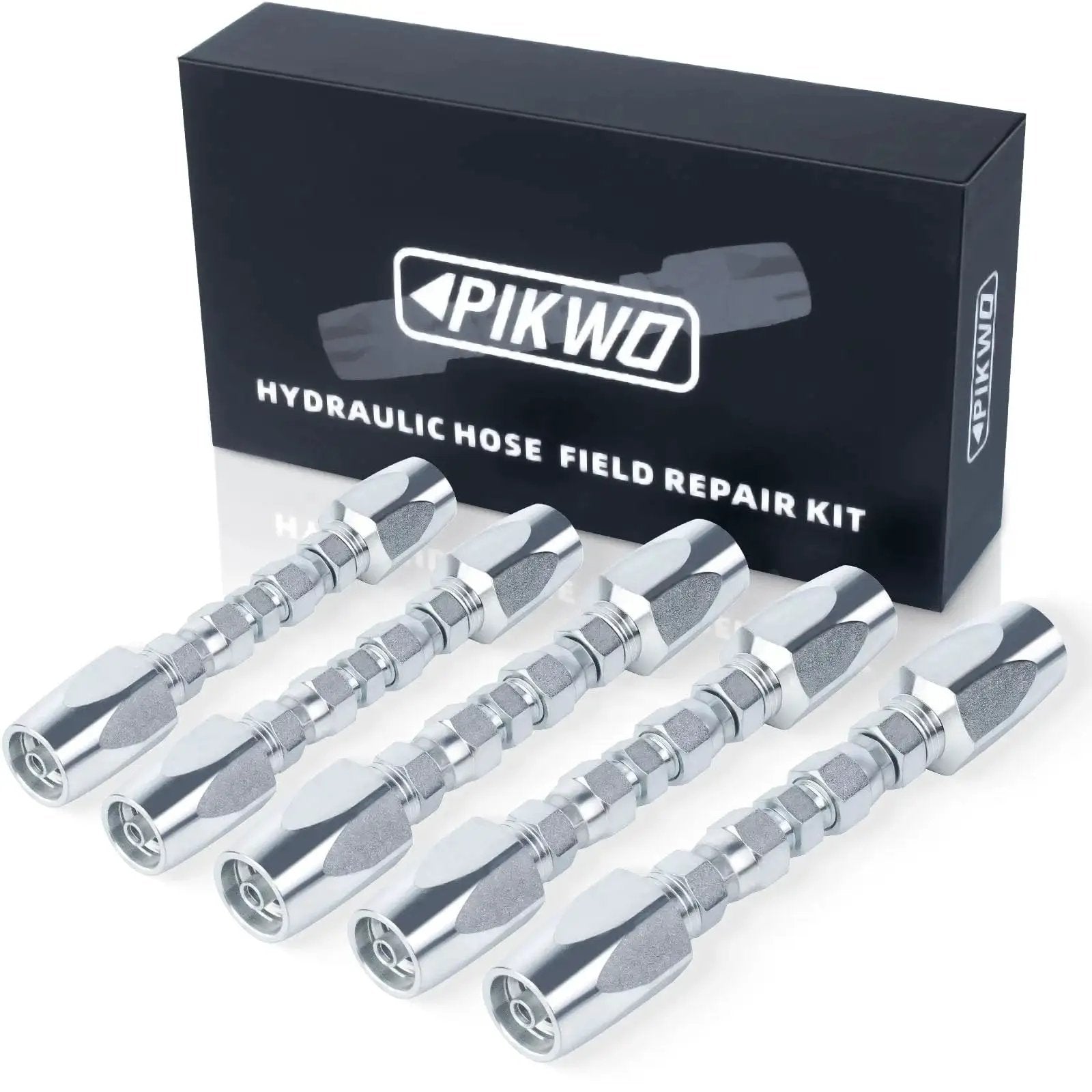 Front view of Reusable Hydraulic Hose Repair Kit For Quarter Half And Three Eighths Inch Hoses with five zinc-plated connectors.