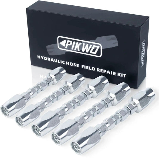 Front view of Reusable Hydraulic Hose Repair Kit For Quarter Half And Three Eighths Inch Hoses with five zinc-plated connectors.