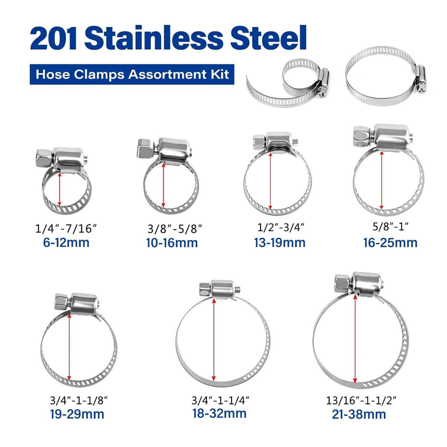 Boss Grade Heavy Duty 201 Stainless Steel Hose Clamp Kit With 60 Pieces In Seven Adjustable Sizes From Quarter Inch To One And A Half Inch Six To Thirty Eight Millimeter Worm Gear Clamps For Plumbing Automotive And Mechanical Use with size indicators.