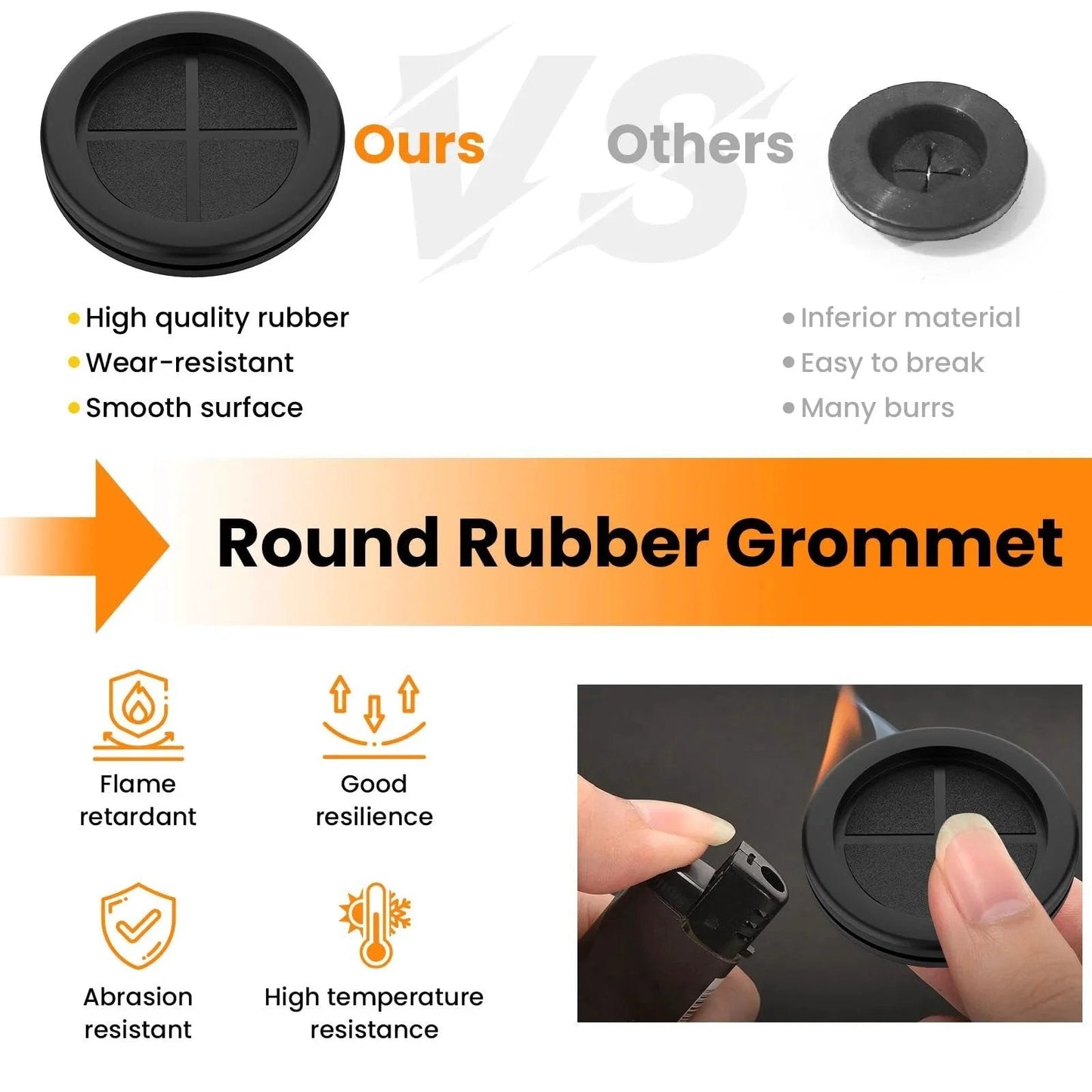 Comparison of round rubber grommets showing quality differences and durability features like wear resistance and flame retardance.