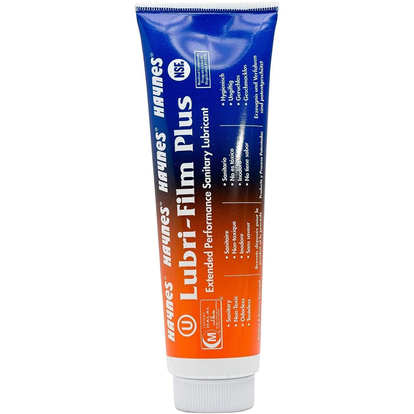 Tube of Lubri-Film Plus, a food-grade grease for commercial kitchen equipment, blue and orange packaging, 4-pack option visible.