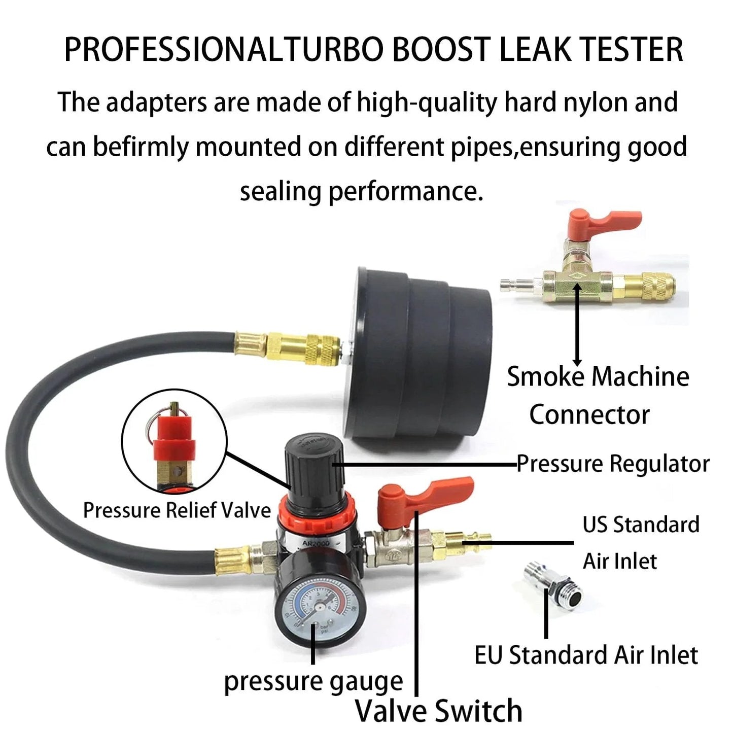 Turbo System Leakage Tester Kit For Quick Garage-Grade Leak Detection In Turbo Cooling Emissions And Exhaust Lines with adapters, pressure gauge, and smoke connector.