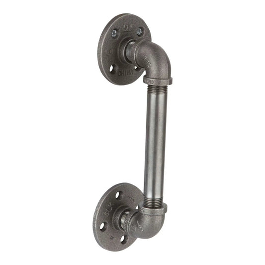 Industrial Pipe Barn Door Handle 6 Inch Rustic Farmhouse Heavy Duty Hardware Set With Steel Grey Iron Fittings Flanges and Pipes