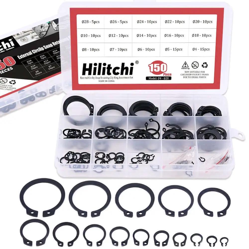 External Circlip Snap Retaining Ring Kit Alloy Steel 150 Piece Assortment For 4mm To 28mm Sizes in plastic case.