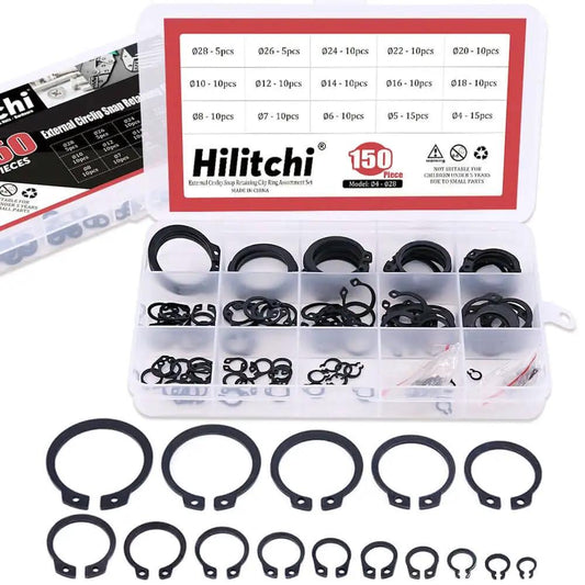 External Circlip Snap Retaining Ring Kit Alloy Steel 150 Piece Assortment For 4mm To 28mm Sizes in plastic case.