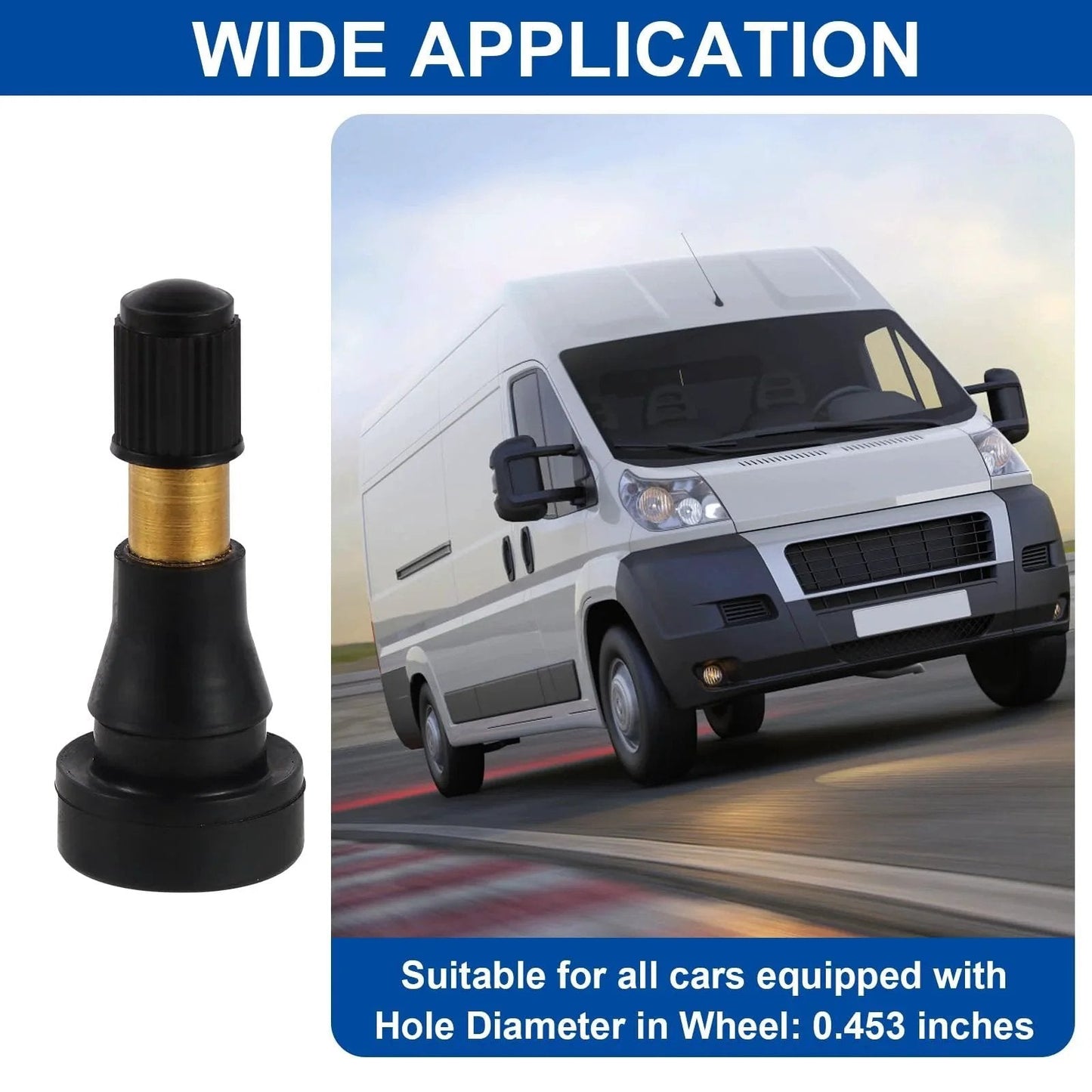 TR600HP Snap-In High Pressure Tire Valve Stems For Tubeless Rims 0.453 Inch Hole Diameter next to van image