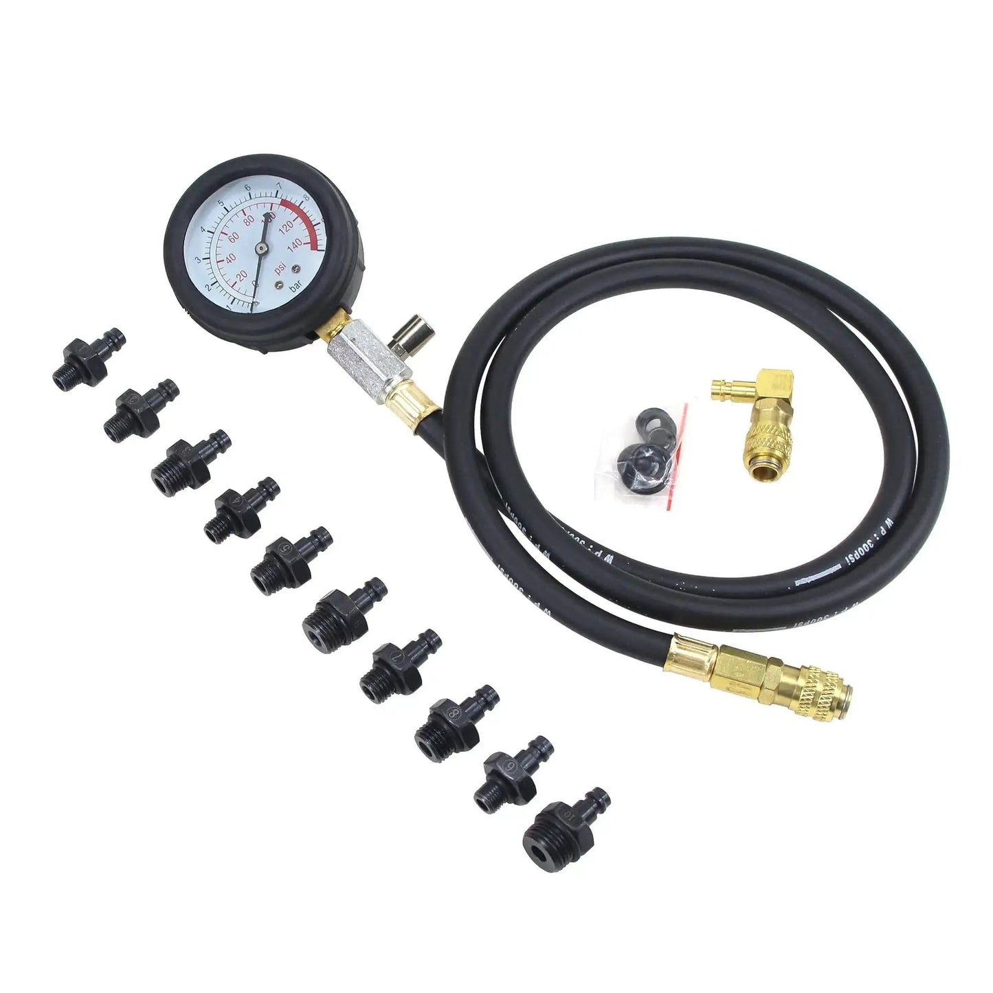 Pro Grade 0 To 140 PSI Oil Pressure Tester Gauge with hose and 10 adapters for cars, ATVs, and trucks, realistic readings, quick diagnostics.