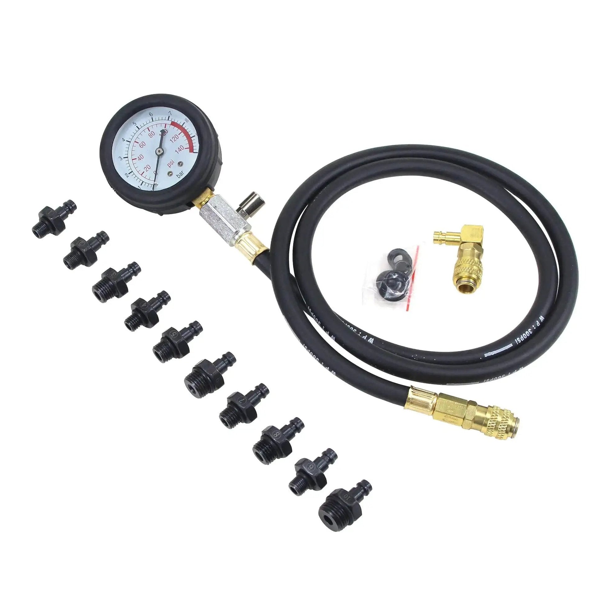 Pro Grade 0 To 140 PSI Oil Pressure Tester Gauge with hose and 10 adapters for cars, ATVs, and trucks, realistic readings, quick diagnostics.
