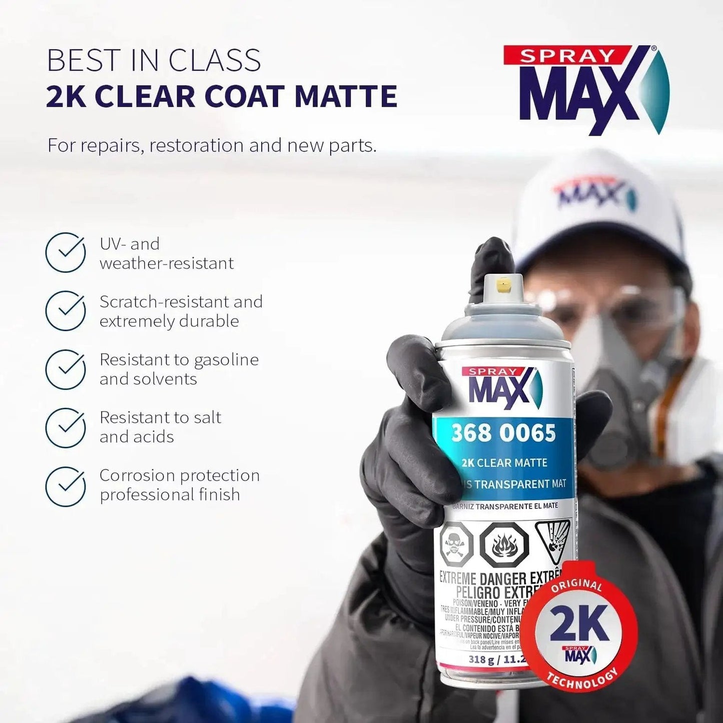 Person holding can of 2K Matte Clear Coat For Cars And Metal Surfaces Pro Grade Durable Flat Finish with features listed