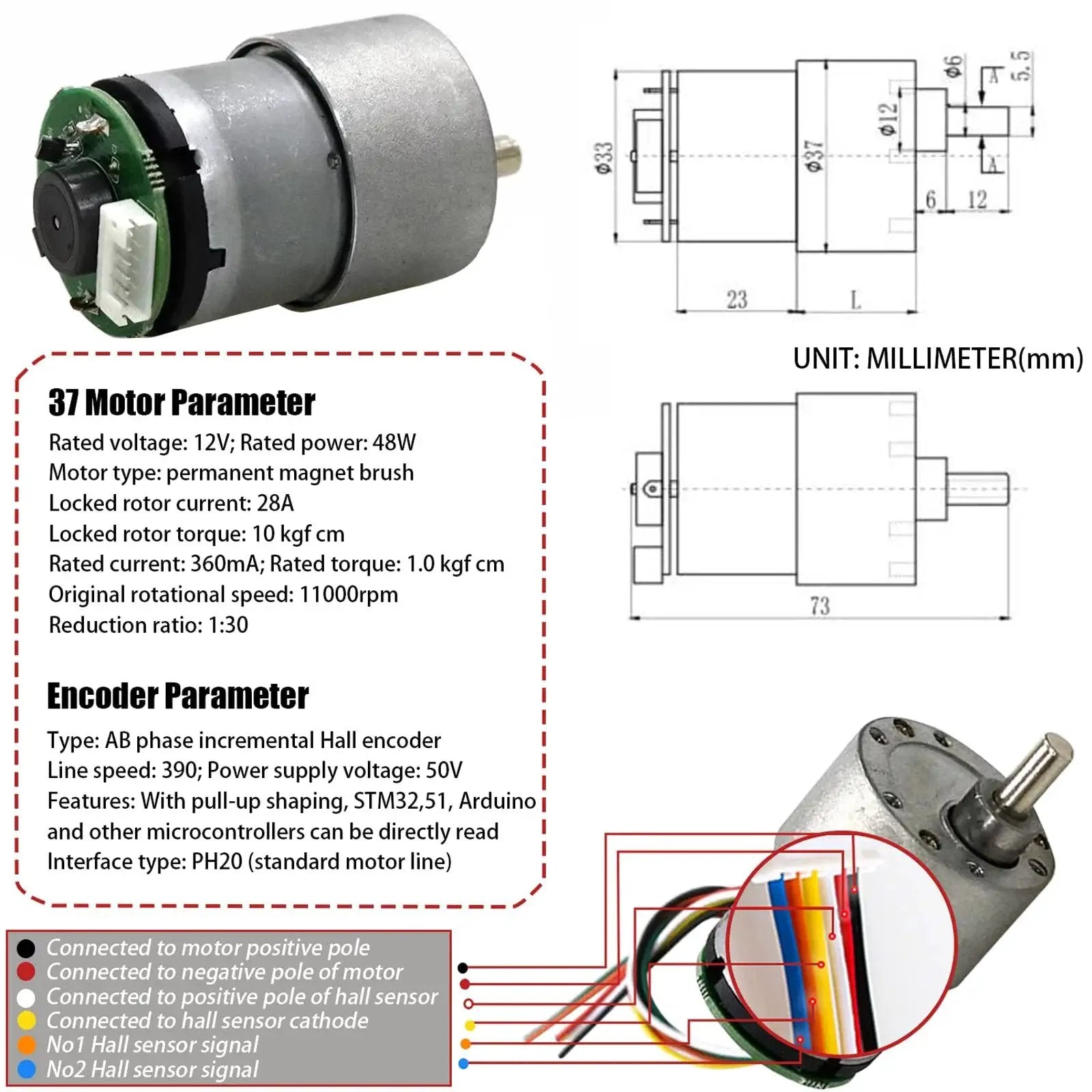 Diagram and specifications of motor and encoder for Professional 4WD Metal Robot Car Chassis Kit With 97mm Mecanum Wheels.