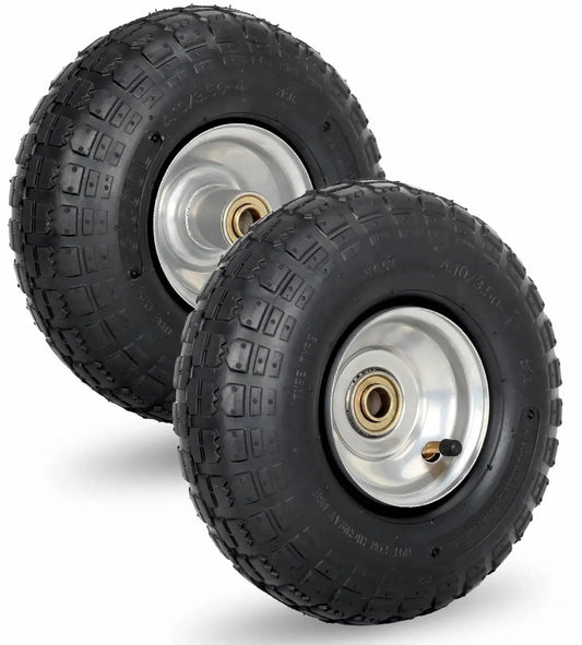 Two ten inch pneumatic tire and wheel set for hand trucks trolleys dollies and garden carts with steel rims and sealed bearings.