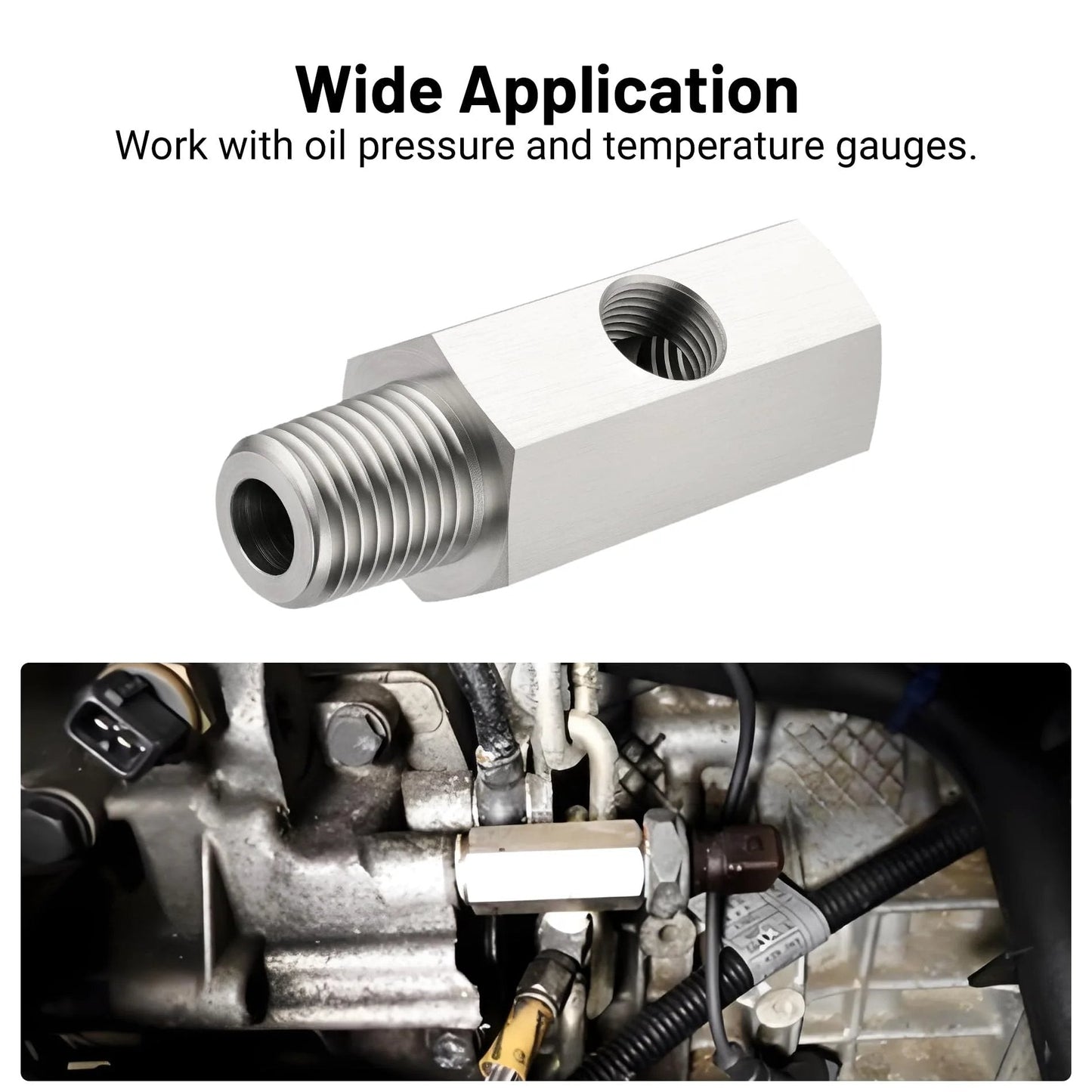 Stainless Steel Oil Pressure Sensor Tee Adapter With 1/4 NPT Female Outlet 1/4 NPT Male Inlet And 1/8 NPT Female Center Port 304 installed in engine