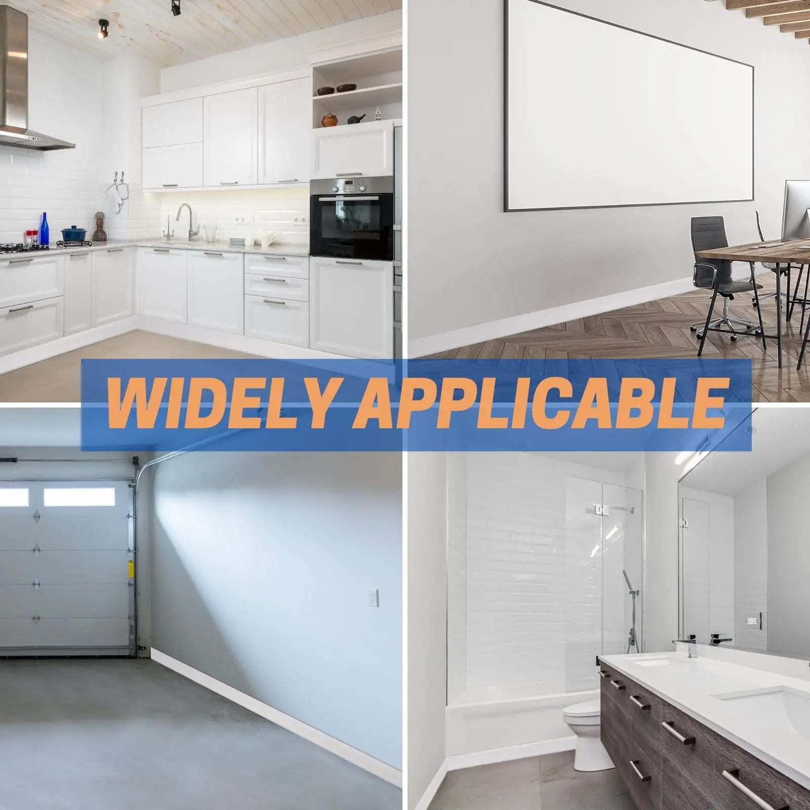 Self Adhesive Vinyl Wall Base Molding 4 Inch Wide 20 Feet White Peel And Stick Cove Base No Glue Needed Easy Install Durable Vinyl Trim COUKIU shown installed in various indoor spaces.