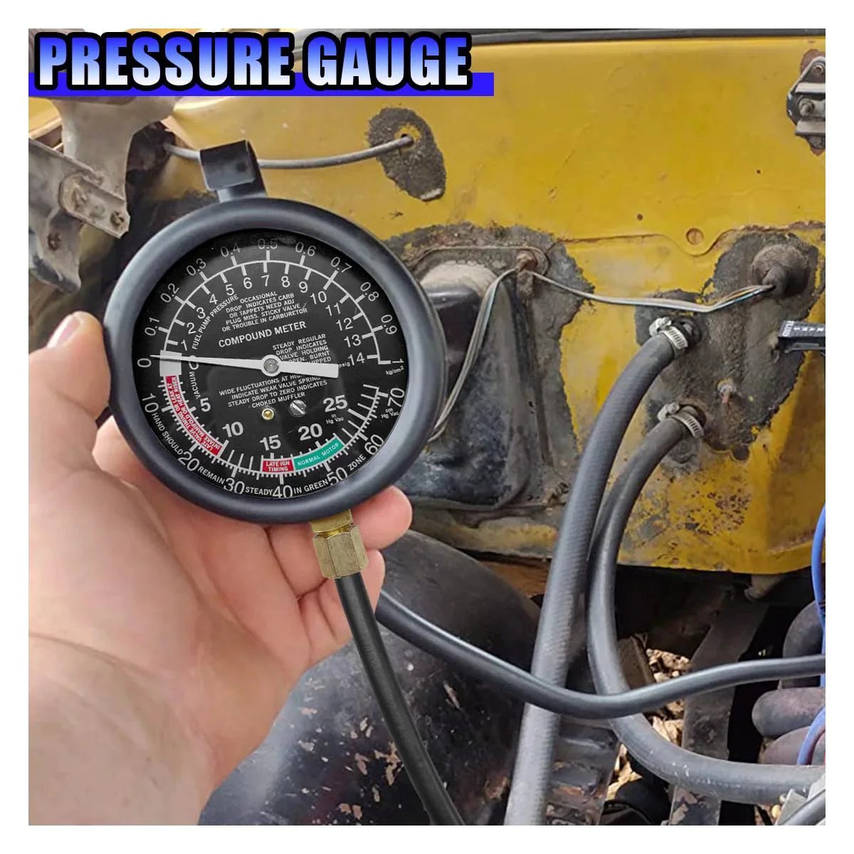 Universal Vacuum And Fuel Pump Tester Gauge Kit By UHANBUT for cars and trucks in use showing pressure gauge and hoses.