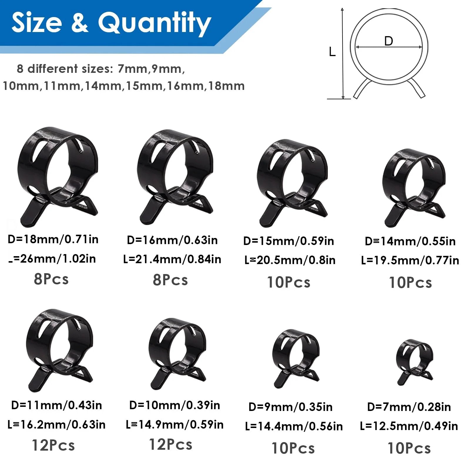 80 Pcs Silicone Vacuum Hose Clamps Set Spring Band Hose Clamps For Low Pressure Air Lines With Diameters 7mm 9mm 10mm 11mm 14mm 15mm 16mm 18mm Durable 65Mn Steel And Included Plastic Storage Box, showing various clamp sizes.
