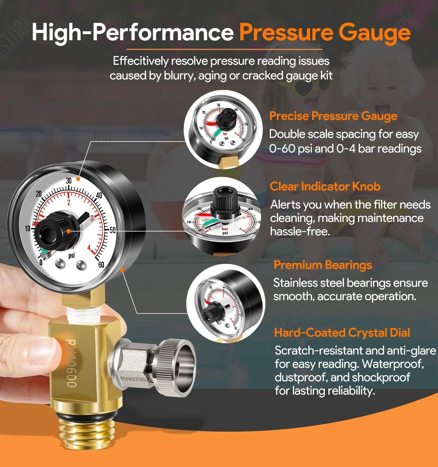 Brass Air Relief Valve With Pressure Gauge For Pool Filters Replacement Parts No Fuss Compatibility With FNS FNS Plus Clean And Clear Quad DE