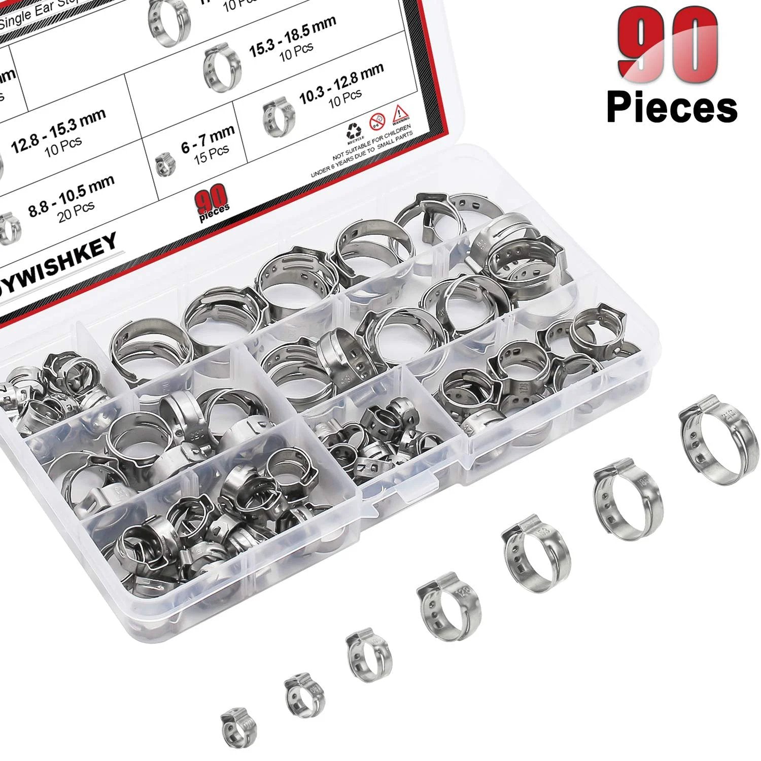 90 Pack Adjustable Hose Clamps 6 To 21mm Single Ear, 304 stainless steel with storage box for automotive, motorcycle, RV use