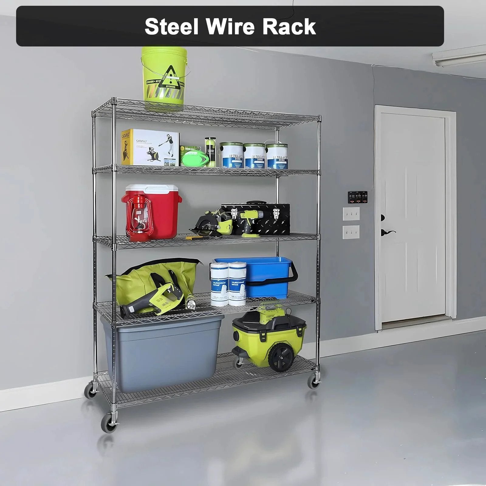 Steel wire rack with various storage items on 4 inch caster wheels set of four with locking threaded stem 1/2-13 x 1-1/2 inches