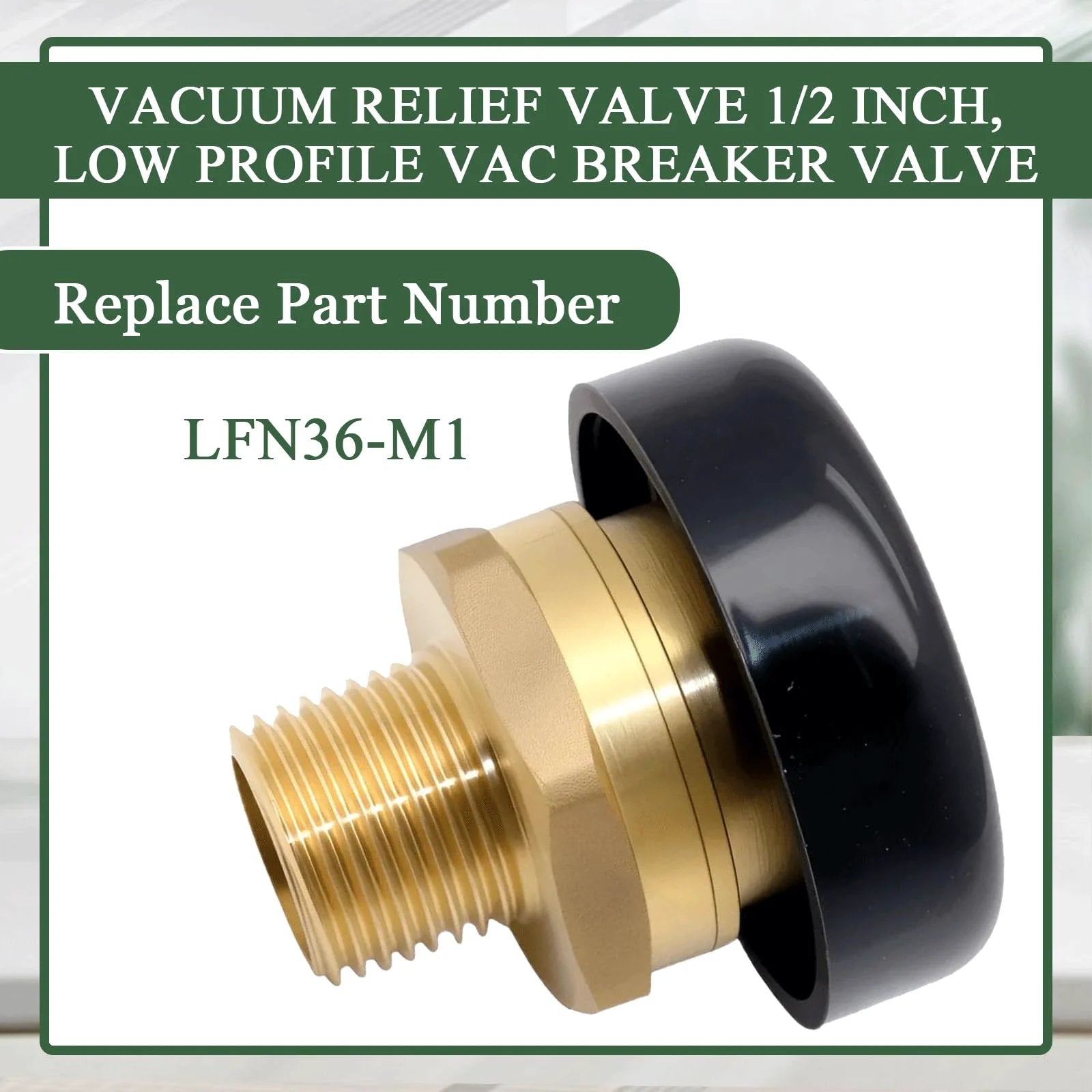 Low Profile Vacuum Relief Valve Half Inch Vac Breaker For Water Heaters And Tanks, side view, brass thread, black cap