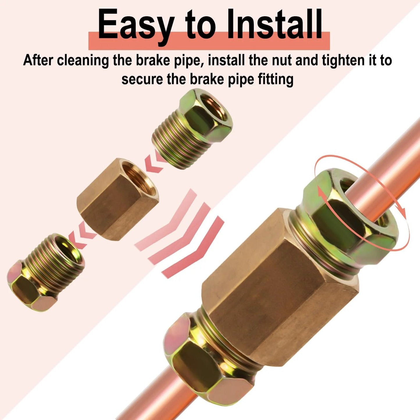 Brass Brake Line Fittings Kit for One Quarter Inch Tubing With Seven Sixteenths Inch Twenty Four Threads Twelve Piece Assortment Including Four Unions And Eight Nuts Pro Grade Rust Resistant High Quality Auto DIY Essential For Brake Line Installations, showing assembly process.