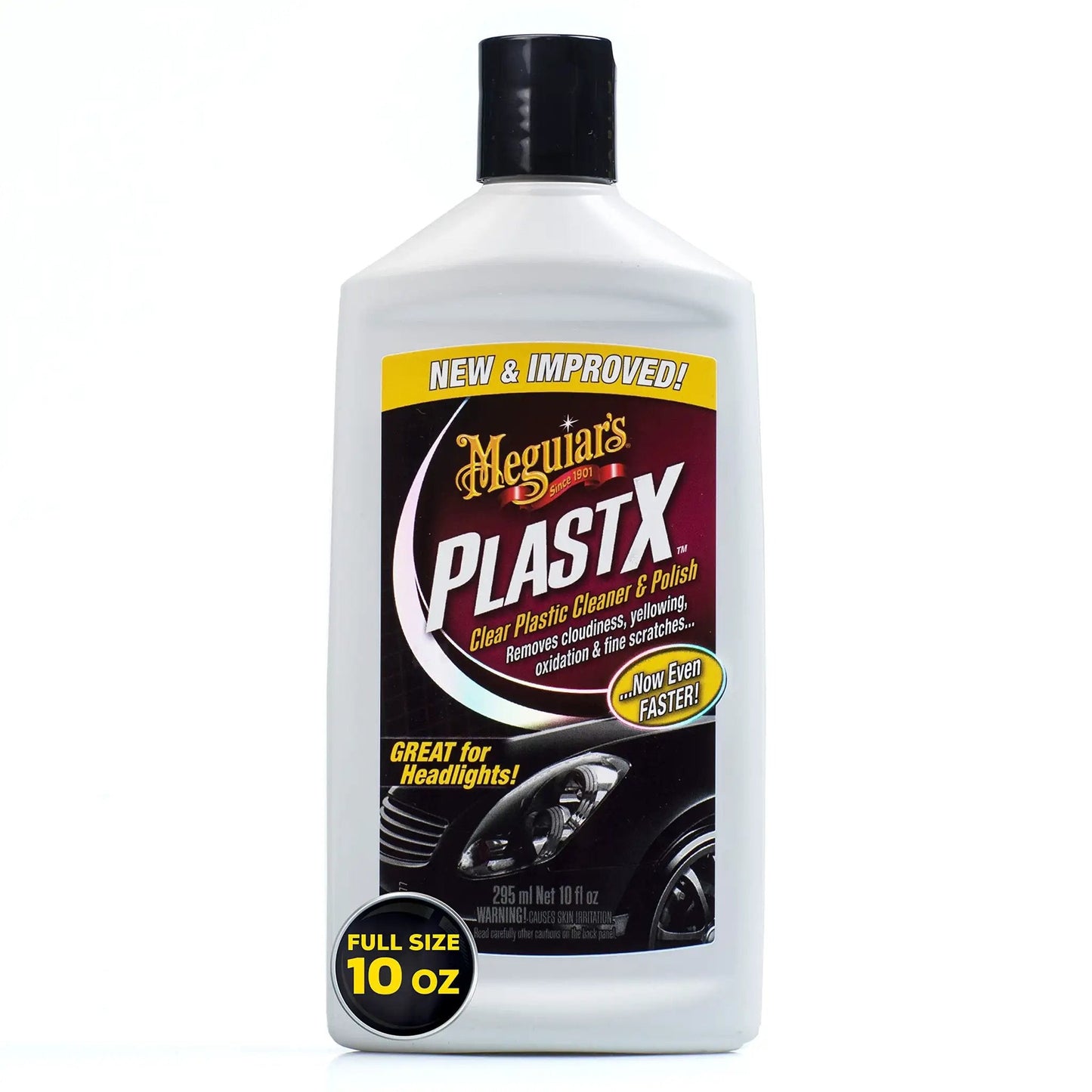 Crystal Clear Plastic Polish That Restores Clarity By Eliminating Oxidation And Fine Scratches For Headlights And Plastic Surfaces, Easy Manual Application With Foam Pad By Meguiars PlastX 296 ML in a 10 oz bottle.