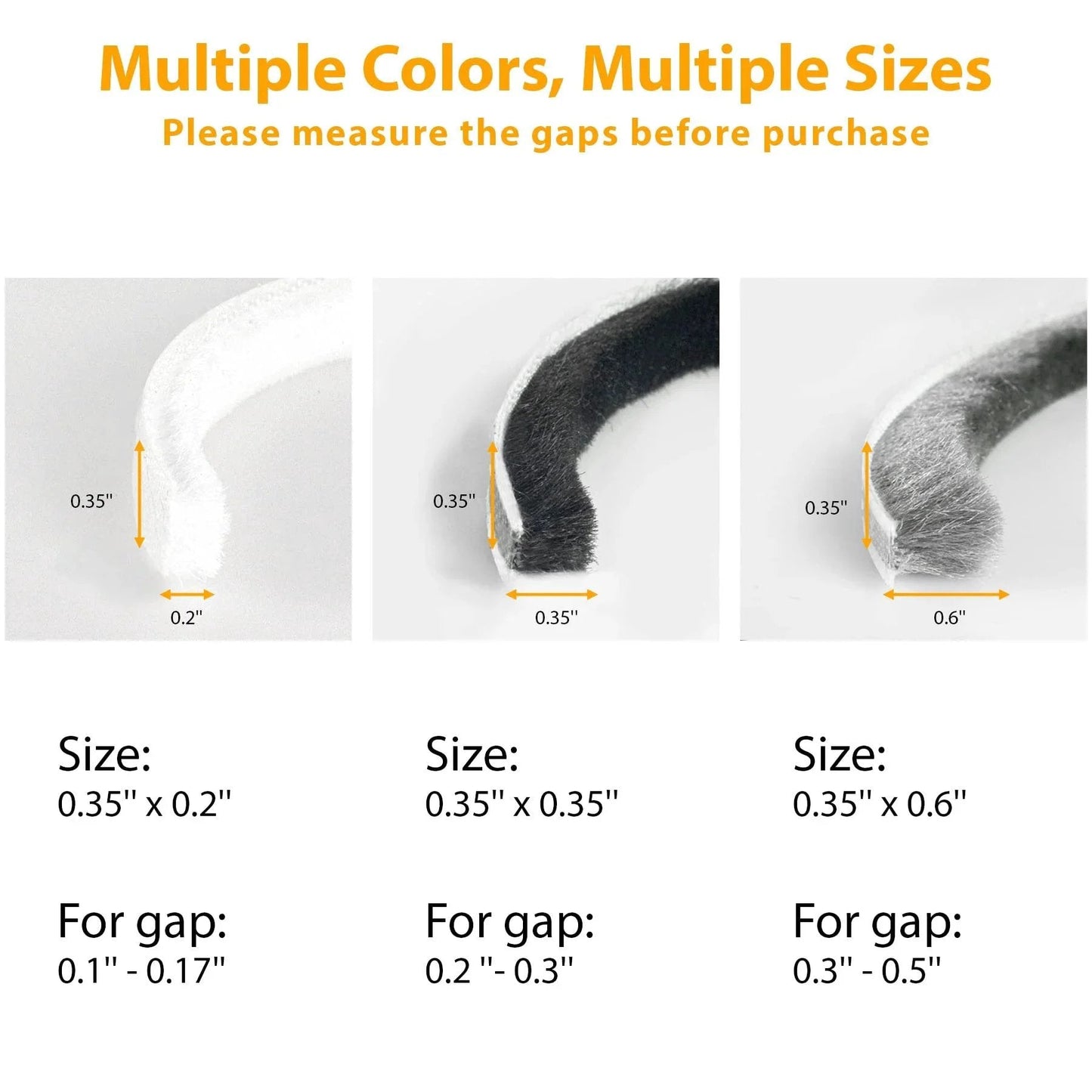 Weather Stripping For Doors And Windows Self Adhesive Door Seal 39.4 Ft Long 0.35 Inch Thick Brush Insulation For Sliding Exterior Frames And Front Doors Soundproofing Draft Stopper Grey with size options 0.35x0.2, 0.35x0.35, 0.35x0.6 inches.