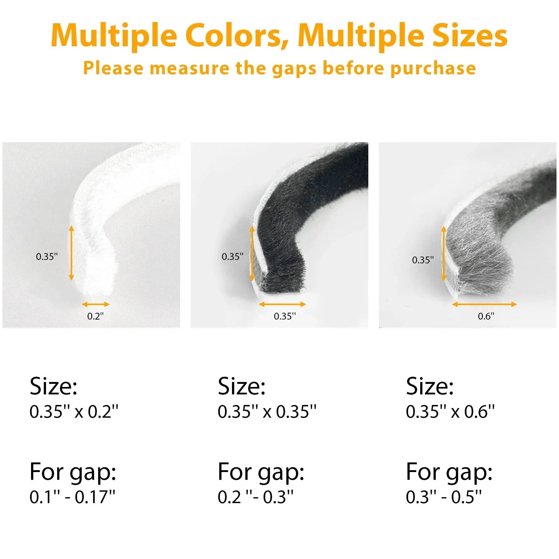 Weather Stripping For Doors And Windows Self Adhesive Door Seal 39.4 Ft Long 0.35 Inch Thick Brush Insulation For Sliding Exterior Frames And Front Doors Soundproofing Draft Stopper Grey with size options 0.35x0.2, 0.35x0.35, 0.35x0.6 inches.