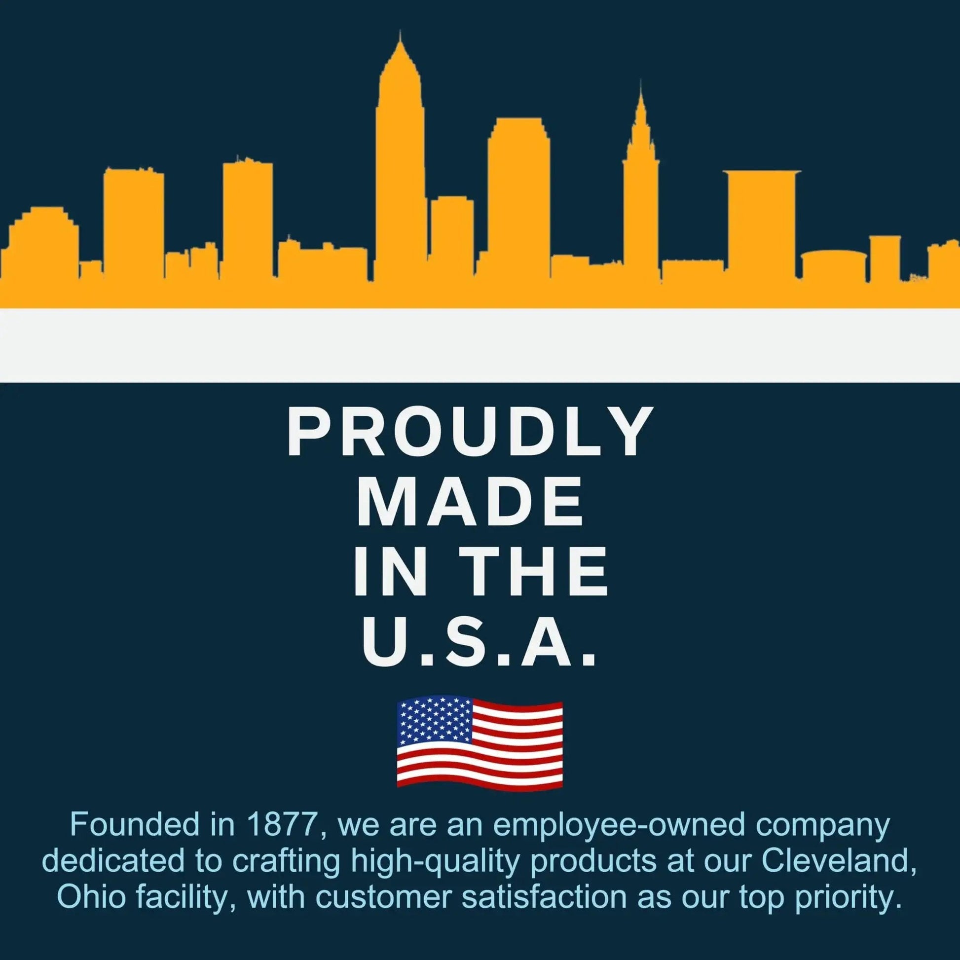 Skyline of Cleveland with text 'Proudly Made in the USA' and American flag below.